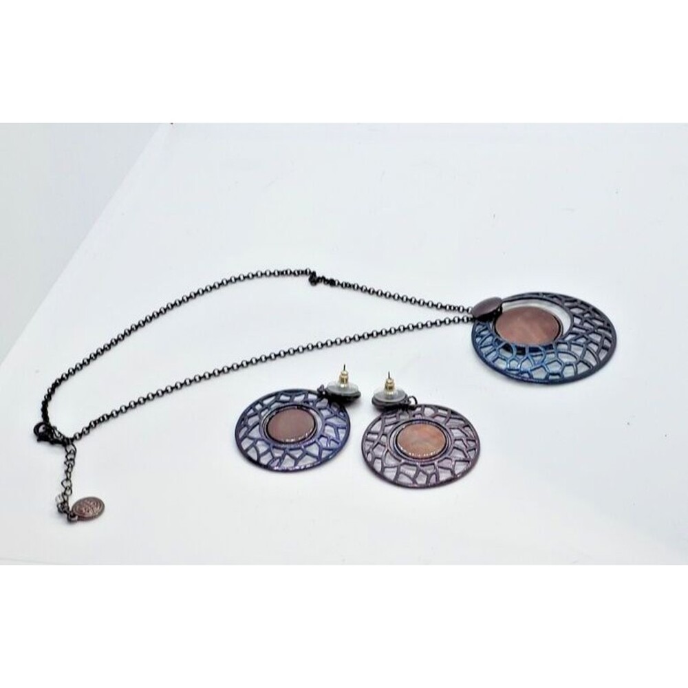 Boho Purple Blue Brown Round Medallion Pendant Necklace & Matching Earrings Set